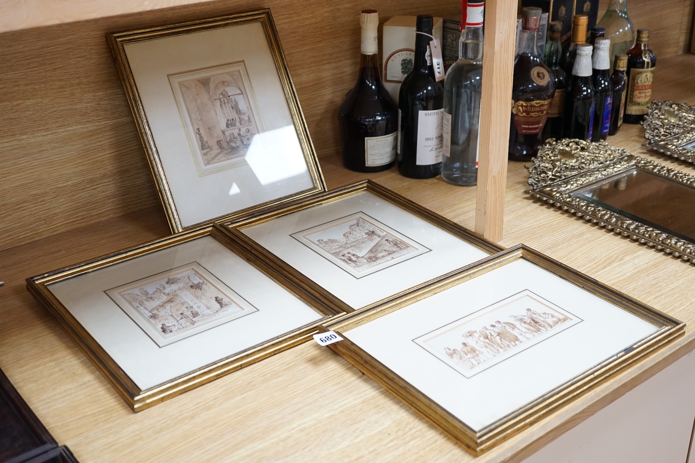 Four 18th/19th century Italian sepia ink sketches, including 'Figures near A Vasca, perhaps at Naples', largest 14 x 11cm. Condition - fair, some minor discolouration commensurate with age